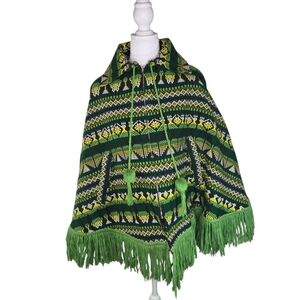 Vtg 60s 70s Guatemalan green yellow woven hippie boho poncho
